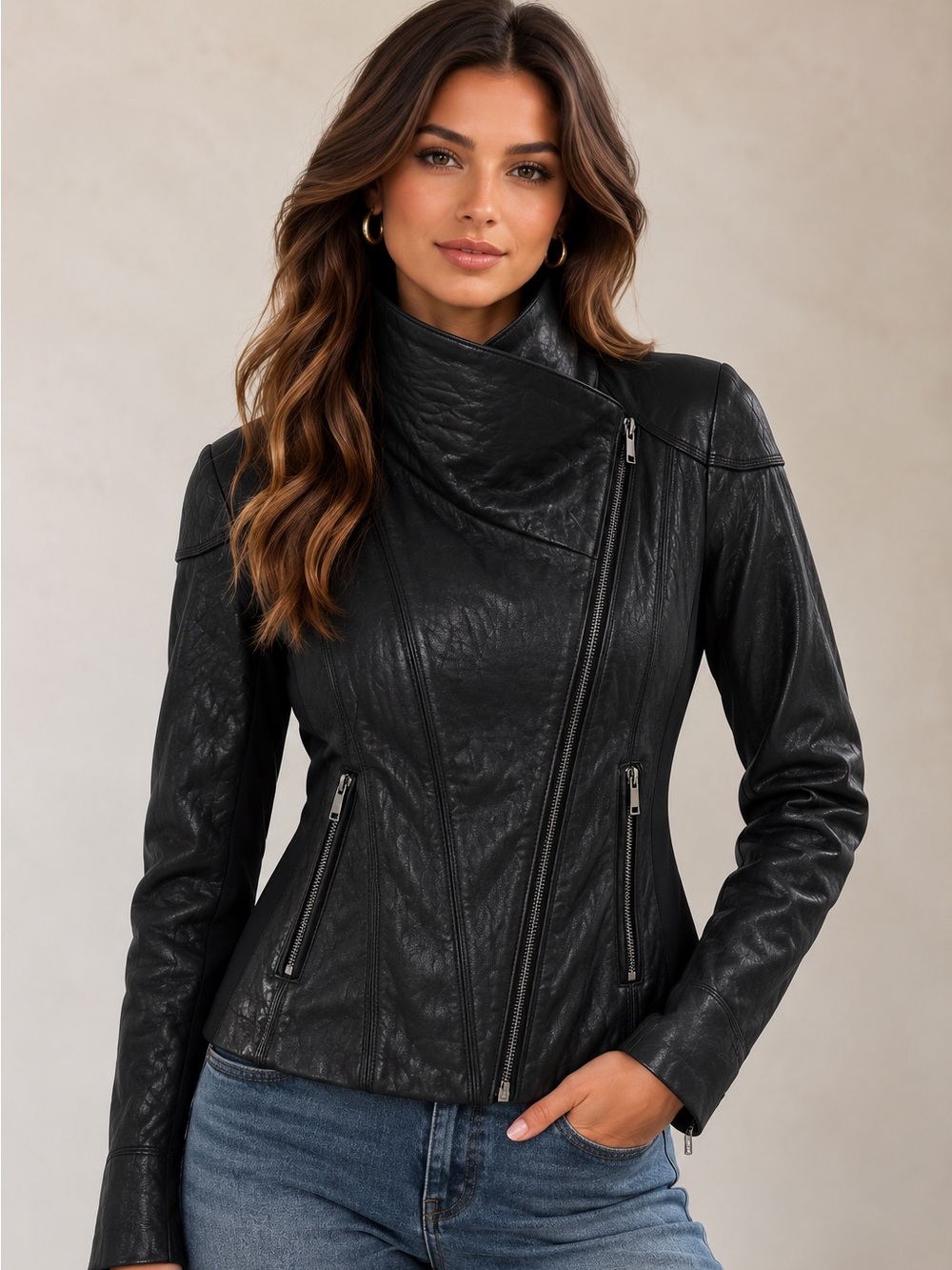 Barneys New York Black Leather Draped-Collar Funnel Neck Moto Jacket Sz XS